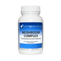 Mushroom complex supplement bottle with Cyto-Matrix label and white cap