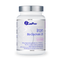 Iron bis-glycinate 20 veggie supplement bottle with silver cap and women label