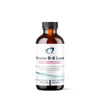 Vitamin B-6 liquid bottle with amber cap and amber glass, front label