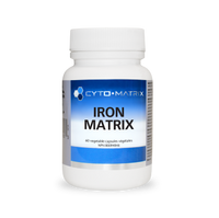 Iron matrix supplement bottle with blue "IRON MATRIX" label, white cap