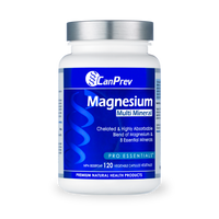 CanPrev Magnesium multi mineral supplement bottle with blue label and silver cap