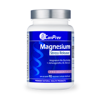 Magnesium stress release supplement bottle, white with blue label and silver cap