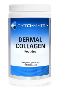 Cyto-Matrix dermal collagen peptides powder container, white plastic jar with blue label