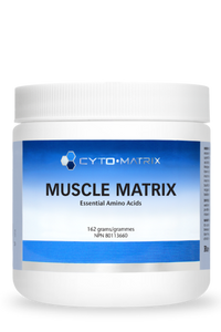Cyto-Matrix Muscle Matrix powder tub with white lid and blue label, 162 g