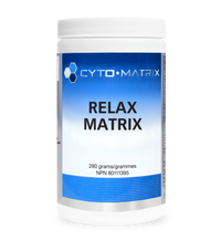 Powder tub container with CYTO-MATRIX RELAX MATRIX label and blue band, 280g