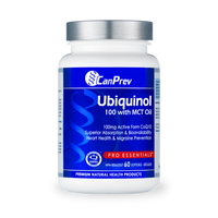 CanPrev Ubiquinol 100 softgel supplement bottle with MCT oil, white cap, blue label