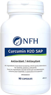 White supplement bottle with NFH logo, Curcumin H2O SAP label, 90 capsules