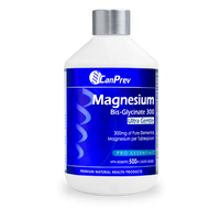 Magnesium bis-glycinate liquid bottle with blue-and-white label, metal cap