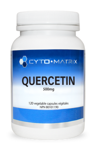 Quercetin supplement bottle with blue label, 500 mg and 120 vegetable capsules
