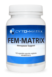 White supplement bottle with blue FEM•MATRIX label, menopause support, 120 veggie caps