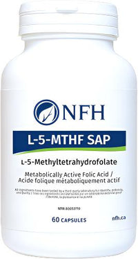 NFH L-5-MTHF SAP supplement bottle, 60 capsules, white label with blue text