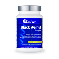 Dietary supplement bottle with silver cap, white label reading Black Walnut Complex
