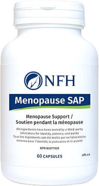 Menopause SAP dietary supplement bottle, white with NFH Menopause SAP label, 60 capsules