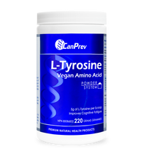 L-Tyrosine vegan amino acid powder container with white lid and blue label
