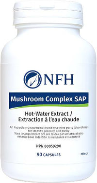 NFH Mushroom Complex SAP supplement bottle, 90 capsules, hot-water extract label