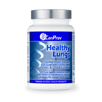 CanPrev Healthy Lungs veggie supplement bottle with white cap and blue label