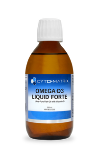 Omega-D3 liquid forte supplement bottle, amber, white cap, blue label stripe