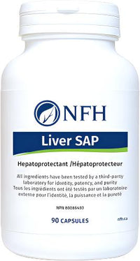 White supplement bottle with blue liver label, NFH logo, 90 capsules