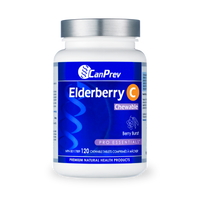 CanPrev Elderberry C chewable supplement bottle, Berry Burst, white.