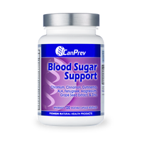 CanPrev Blood Sugar Support supplement bottle with white cap and blue label