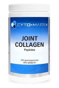 Joint collagen peptides supplement powder container, white bottle with blue label, 225g