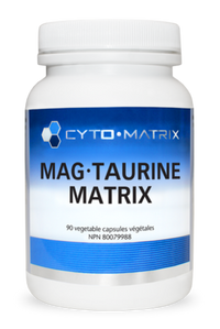 Cyto-Matrix Mag-Taurine Matrix supplement bottle, white with blue label