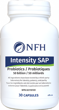 NFH Intensity SAP probiotics supplement bottle, 30 capsules, white label