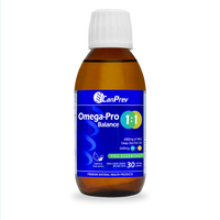 Omega-Pro Balance supplement bottle, amber glass with white cap, blue label.
