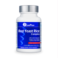 CanPrev Red Yeast Rice Complex supplement bottle with silver cap, blue label