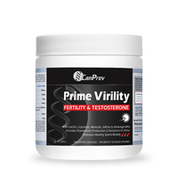 CanPrev Prime Virility supplement jar with white cap; Fertility & Testosterone label