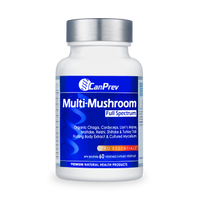Mushroom supplement bottle with silver cap and blue label, 60 veggie caps